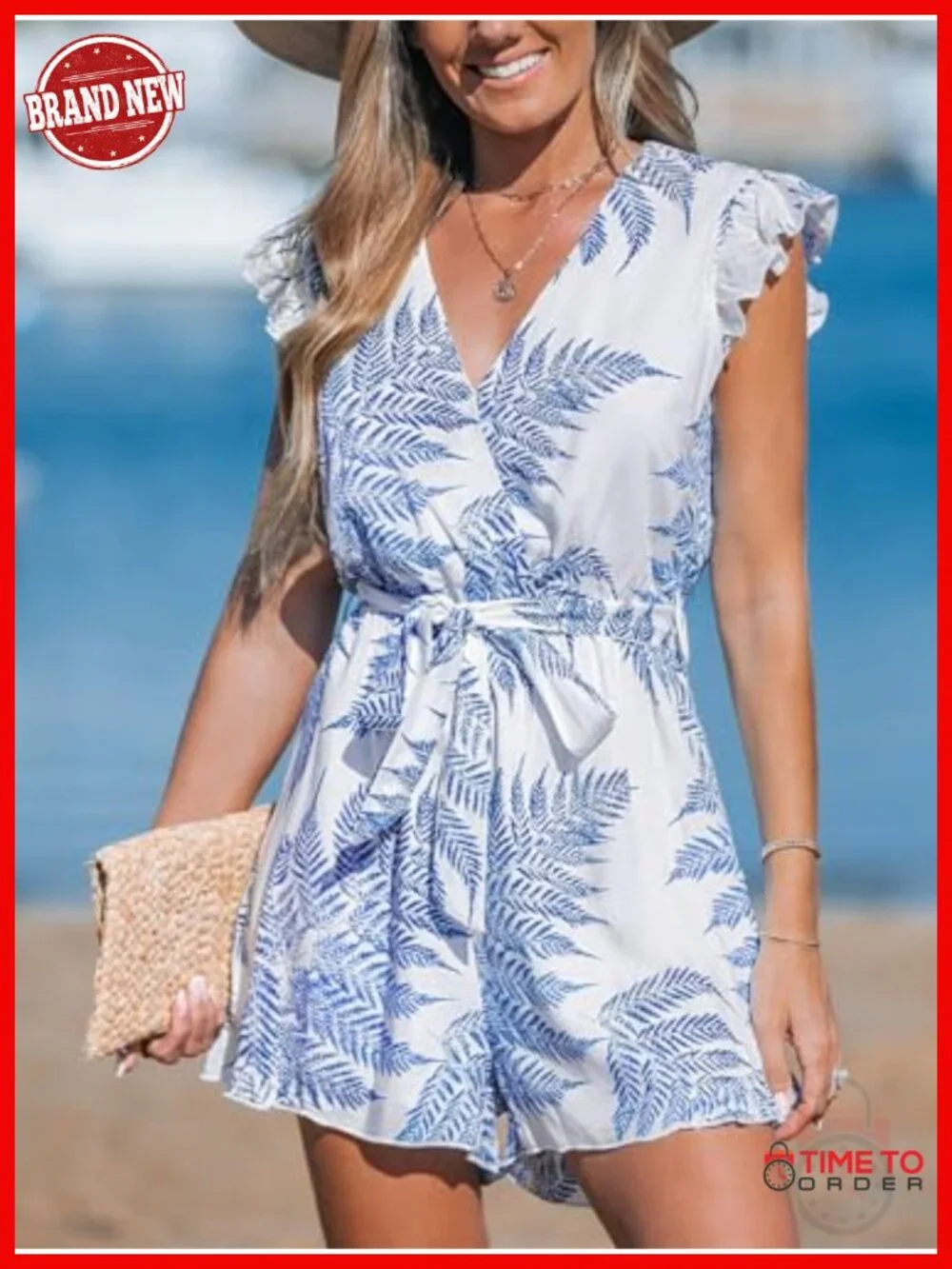 Polyester V Neck Flutter Sleeve Wide Leg Romper Jumpsuit